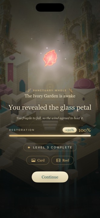 The reveal: a glass petal risen in light, the sanctuary at one hundred per cent restored.