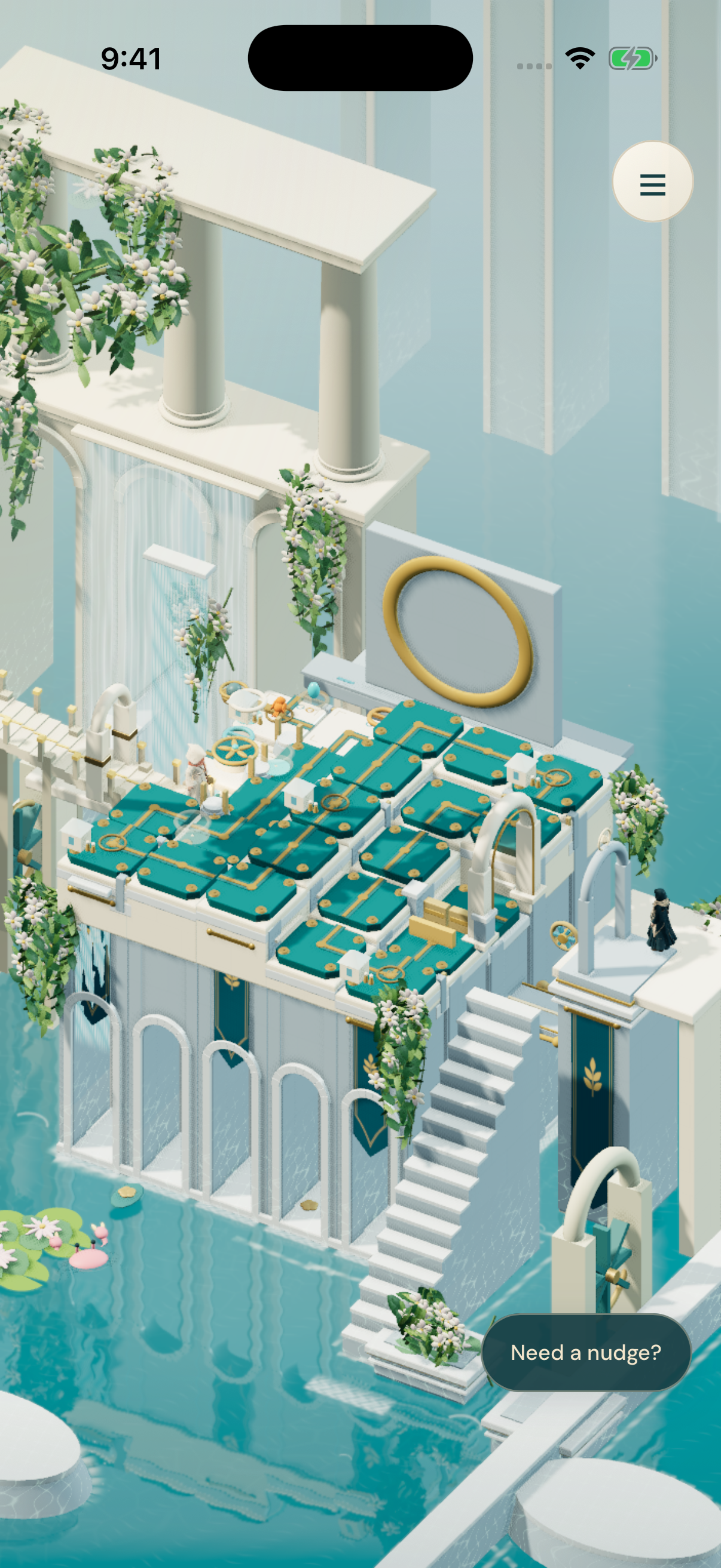 The Heart Spring: jade waterways and white flowering vines around ivory architecture.