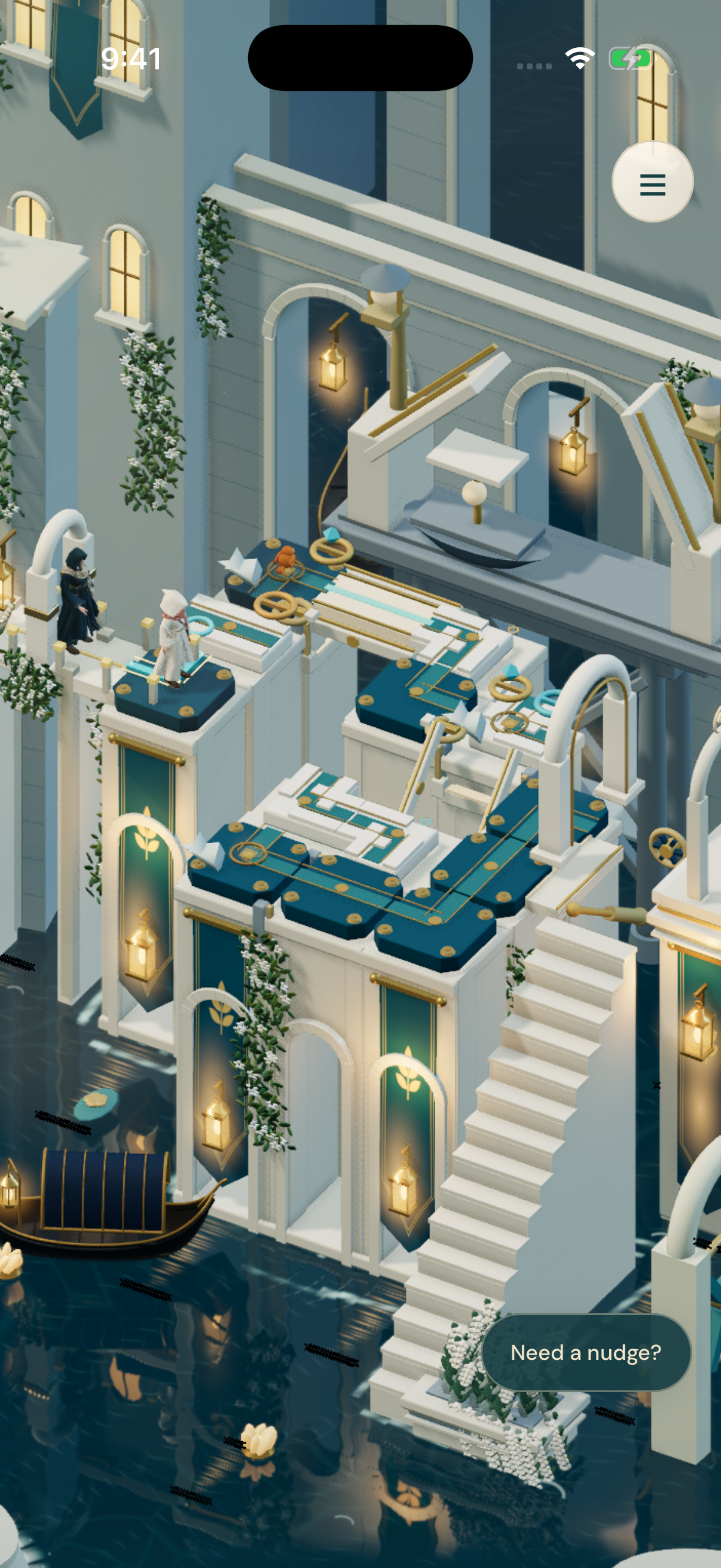 Amber lamps, brass mechanisms, and an ivory crossing above blue water.