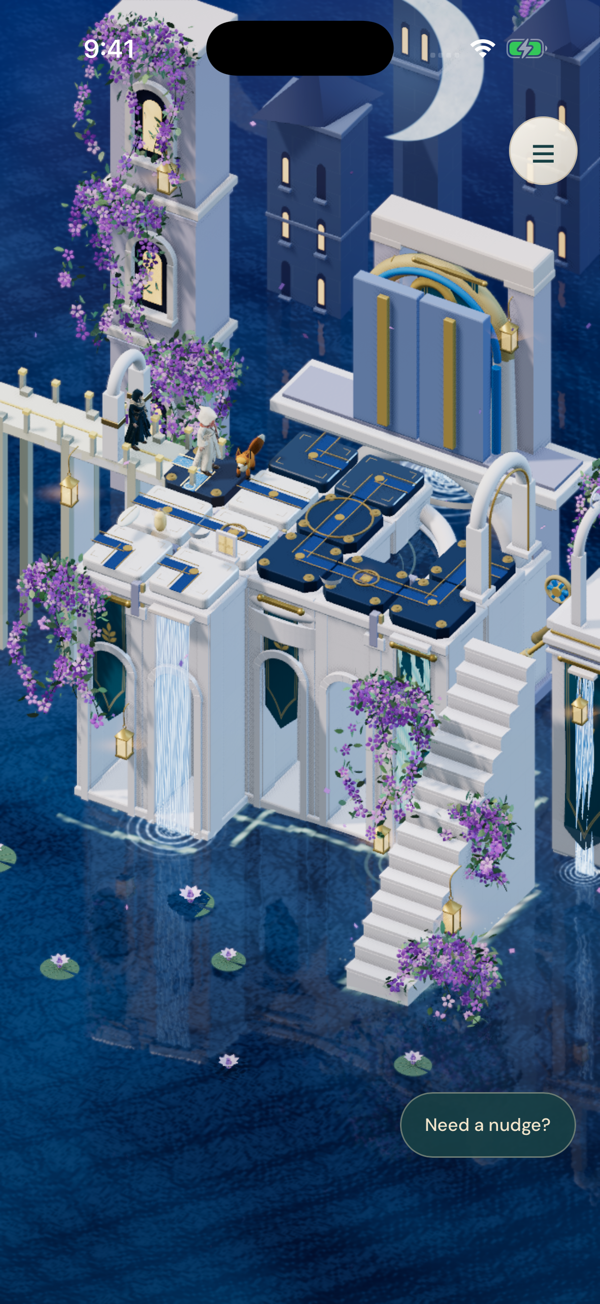 Violet stone architecture and a curved siphon above midnight blue water.