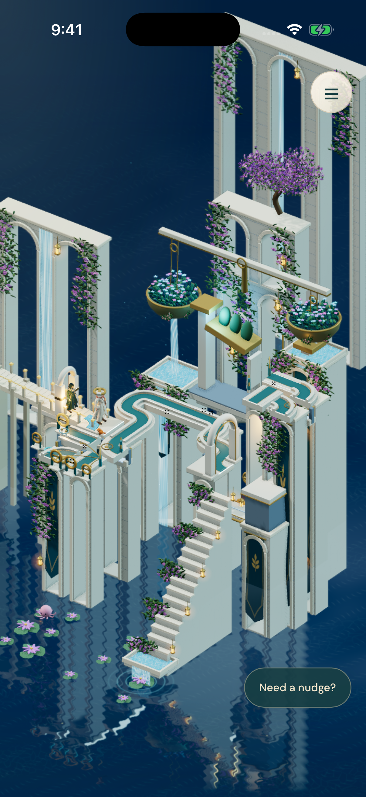 Golden hanging flower baskets and violet blooms above deep indigo water.