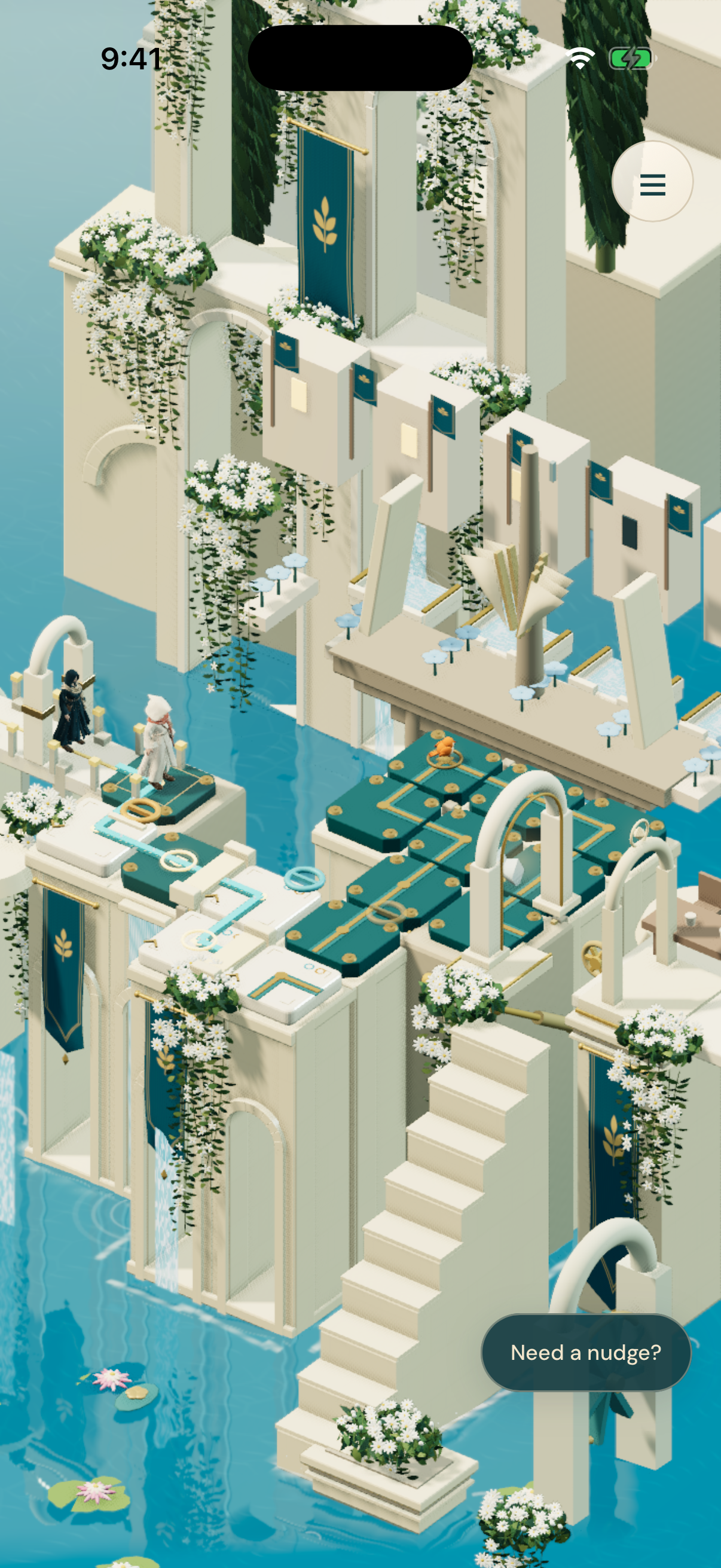 Ivory architecture, an unfurled sail, and a turquoise shore.