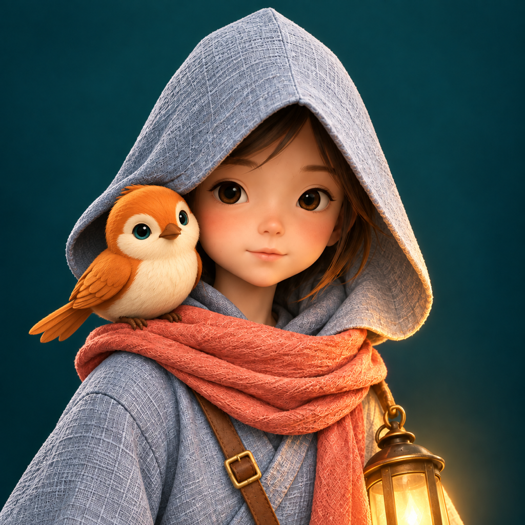 Unveil app icon: Lio carries a lantern with a small bird on his shoulder.