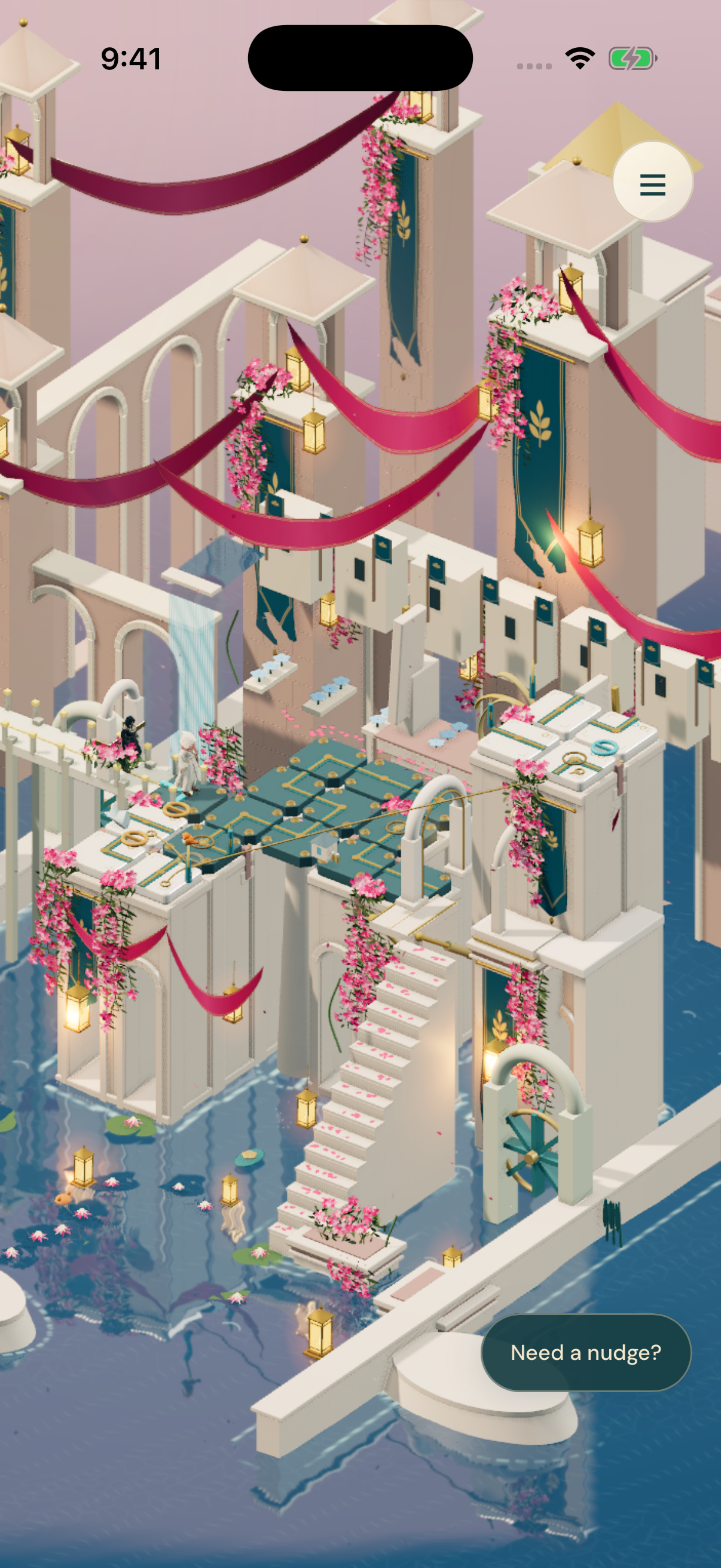 Rose festival ribbons and golden lanterns around an ivory bridge.